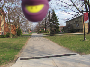 A ninja duck hanging upside down in the photo