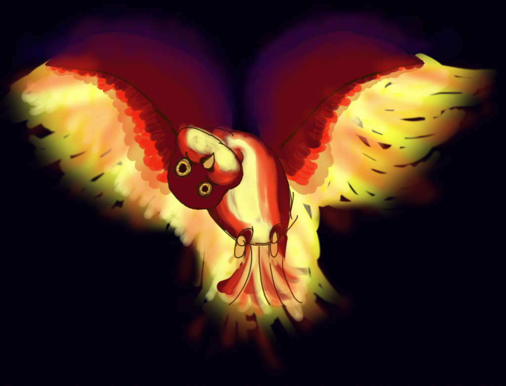 A phoenix with its head nearly upside down