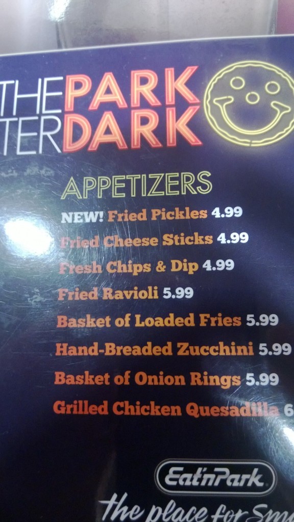 A menu with fried pickles as an option.