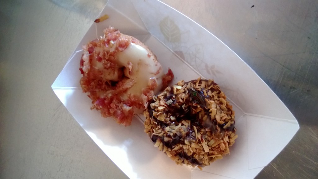 Two odd flavored doughnuts.