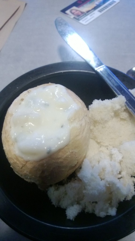 Hand-carved breadbowl with colliflour cheese soup.