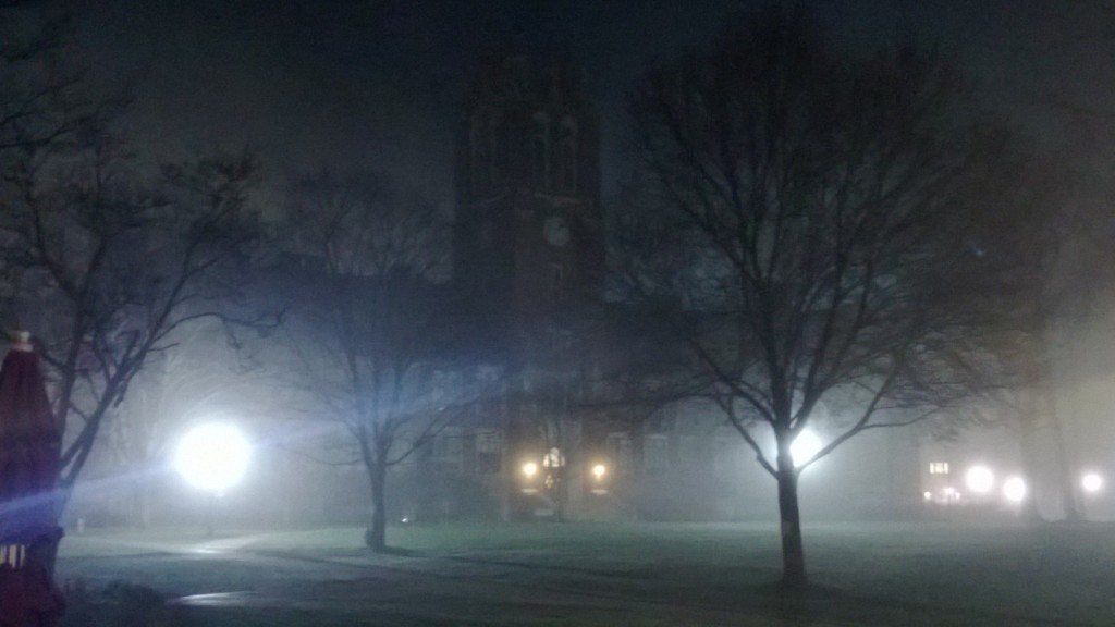 Mist shrouded clock tower